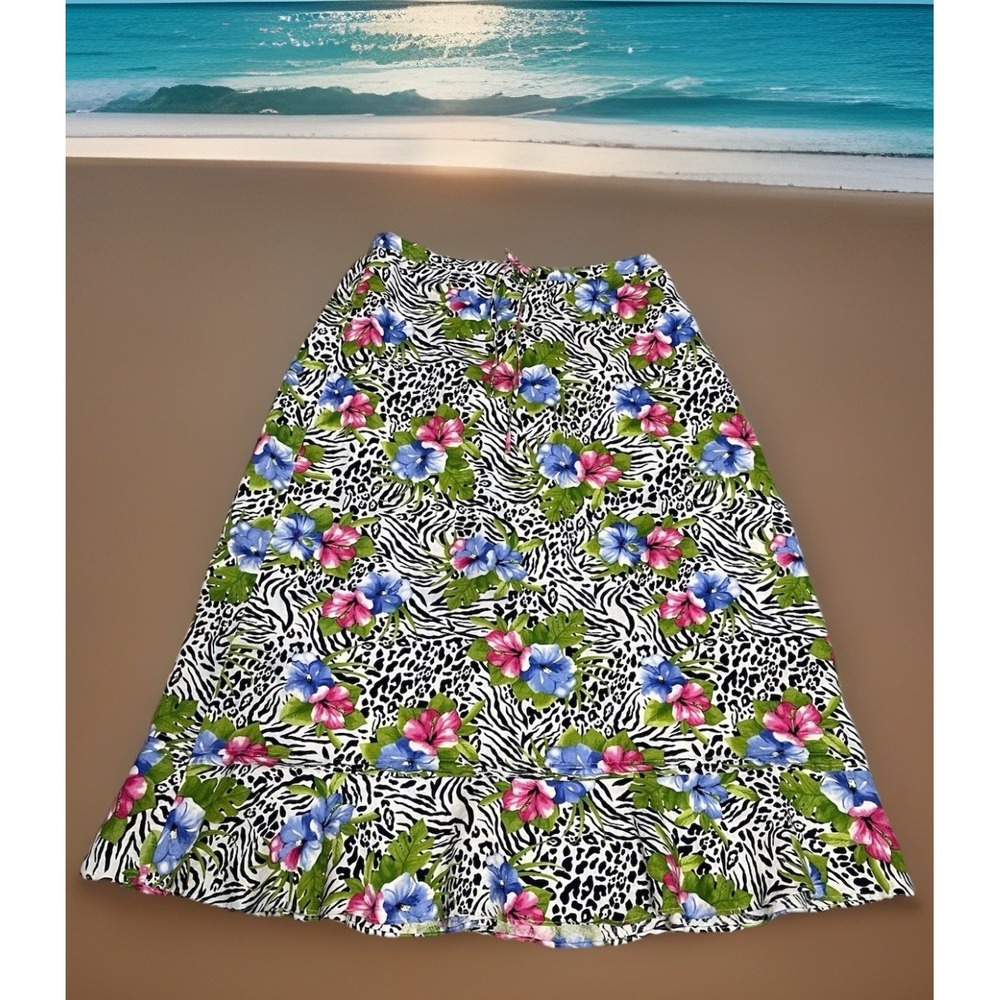 Choices Women's Linen Midi Skirt Floral Animal Print Size Large Boho Resort Wear